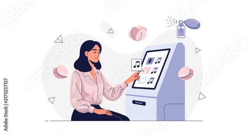 Woman Interacting with Touchscreen Kiosk for Music Selection and Fragrance Options