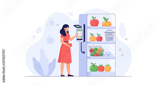 Woman Interacting with Smart Vending Machine Filled with Fresh Fruits