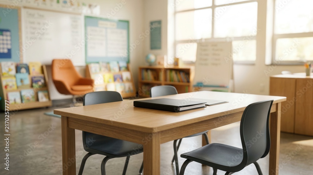 Fototapeta premium Empty classroom table with two chairs and a folder ready for a parent conference.