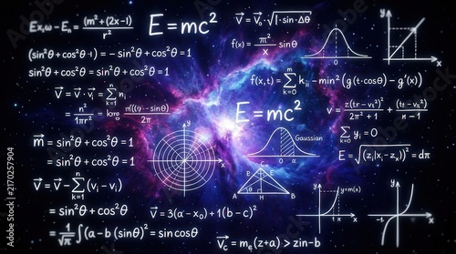 Cosmic nebula background with superimposed mathematical equations and scientific graphs.