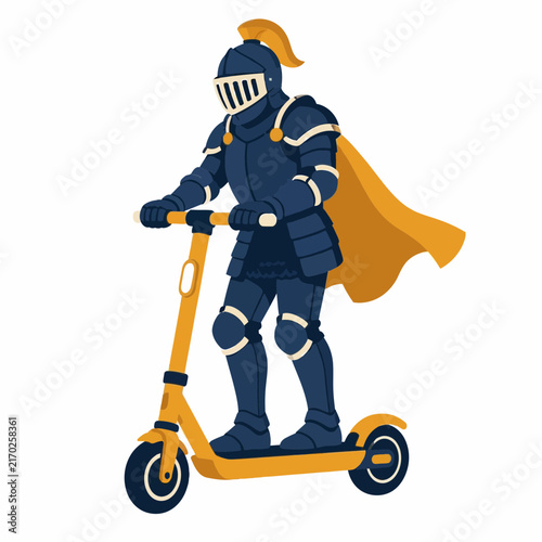 Flat vector illustration of a medieval knight wearing full dark blue plate armor and a flowing yellow cape while riding a modern yellow electric kick scooter, isolated on white.