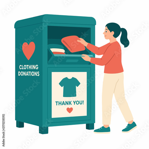 Vector illustration of a young woman placing folded clothes into a teal clothing donation bin with a heart logo and Thank You message, isolated on a white background for charity concepts.