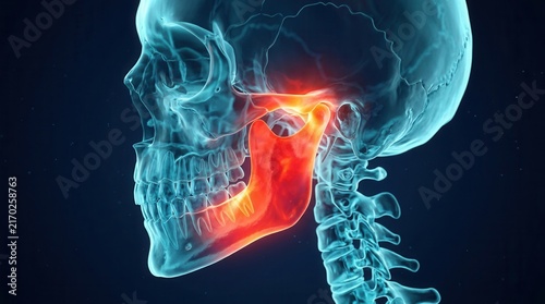 Medical visualization of temporomandibular joint disorder and jaw pain in a transparent human head.