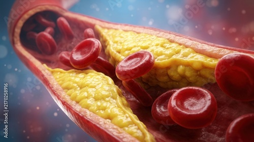 Red blood cells flowing through an artery partially blocked by yellow cholesterol plaque.