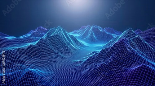 Neon topographic map of mountains in blue and purple for digital landscape exploration.