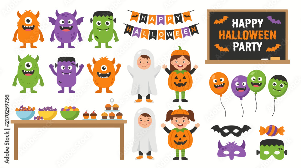 Obraz premium Happy halloween party graphic elements with cute monsters kids costumes snacks