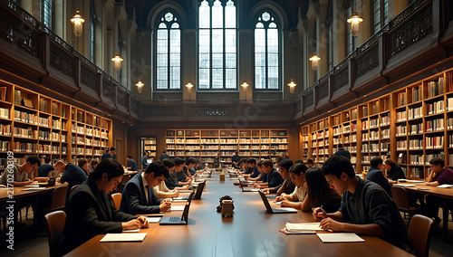 Students studying at long tables in grand historic university library