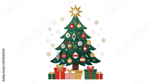 Illustrated Christmas Tree with Decorative Ornaments and Gifts