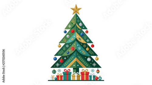 Flat Vector Christmas Tree with Gifts and Gold Star