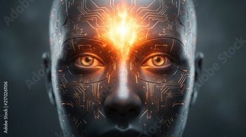 A futuristic human-like face with glowing elements representing the debate on AI impact and ethics.