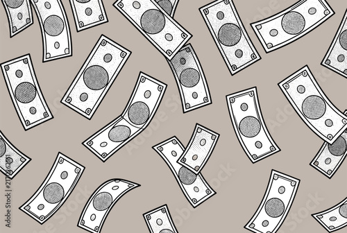 Dynamic pattern of multiple stylized paper money banknotes falling through the air against a neutral gray textured background.