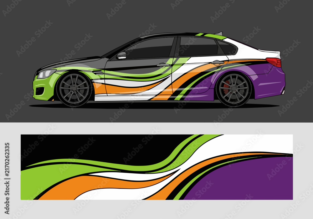 Fototapeta premium Colorful sports car with dynamic wave design wrap