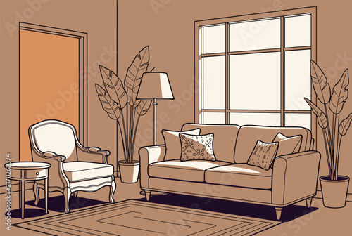 Cozy modern living room interior featuring a brown sofa with pillows, armchair, side table and large tropical potted plants.
