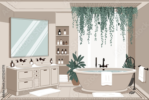 Luxurious modern bathroom interior with a freestanding white tub, double vanity, large mirror and hanging green plants.