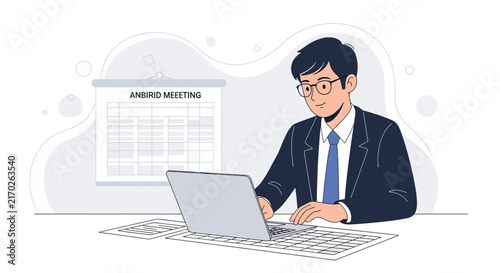 Business professional working on a laptop at a desk with a calendar showing 