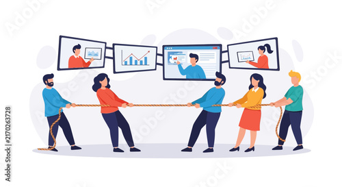 Business Competition Tug of War: Teams Competing for Online Success with Digital Displays