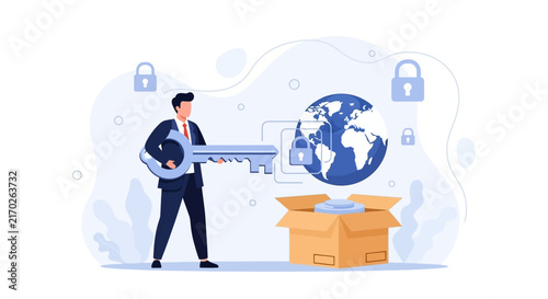 Businessman holding a large key unlocks global security, data protection, and network access concepts with a world globe illustration.