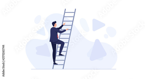 Businessman climbing a ladder to success against abstract background, symbolizing career growth and ambition.