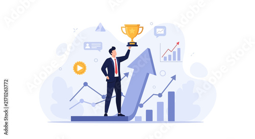 Businessman holding trophy on upward arrow graph, symbolizing success, growth, and achievement in business and finance.