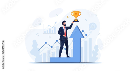 Businessman holding trophy on rising arrow graph, symbolizing success, growth, and achievement in business and finance.