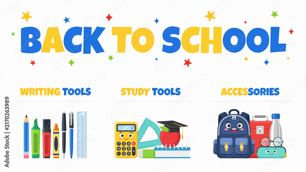 Naklejka premium Colorful vector illustration depicts school supplies including pencils calculators and backpacks against a white background backpack calculator crayons