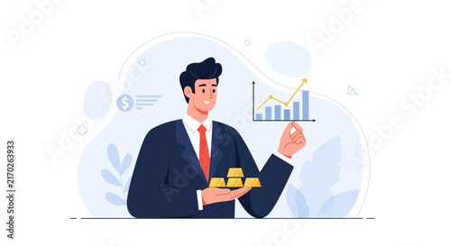 Businessman holding gold bars and analyzing upward financial graph, symbolizing investment success and wealth growth
