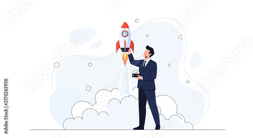 Businessman launching a rocket with a remote control, symbolizing business startup, innovation, and growth
