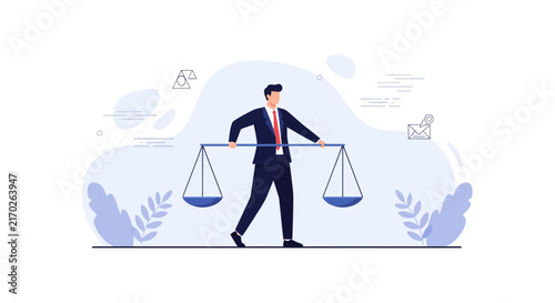 Businessman Carrying Scales of Justice, Symbolizing Balance, Law, Fairness, and Business Ethics