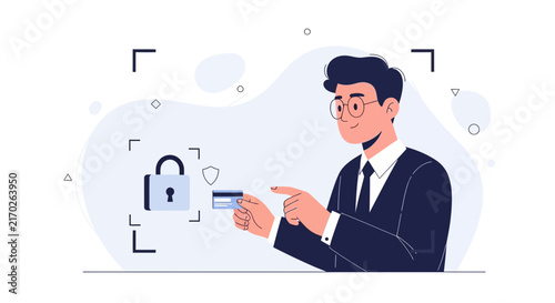 Businessman holding credit card with padlock and shield icons symbolizing secure online payment and financial data protection
