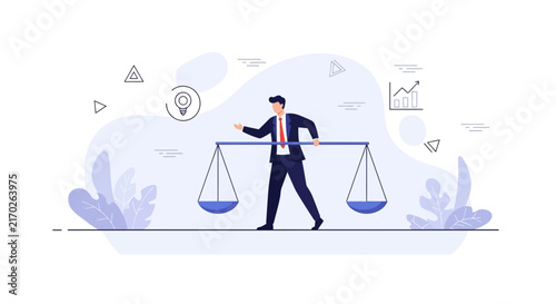 Businessman balancing scales representing justice, law, and business decisions with icons of growth and ideas.
