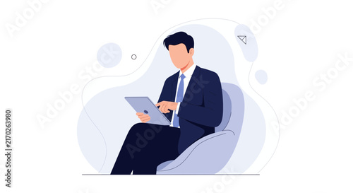 Business Man Sitting and Using Digital Tablet in Modern Minimalist Style Illustration