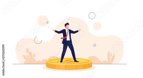 Businessman Balancing on Giant Gold Coin, Symbolizing Financial Stability and Success