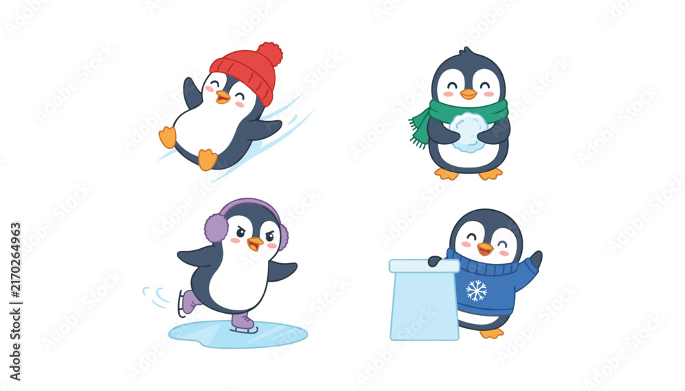 Obraz premium Cute Cartoon Penguin Character Set Sledding Ice Skating Holding Snowball and Building Snow Fort Winter Holiday Vector Mascot Graphic Designs