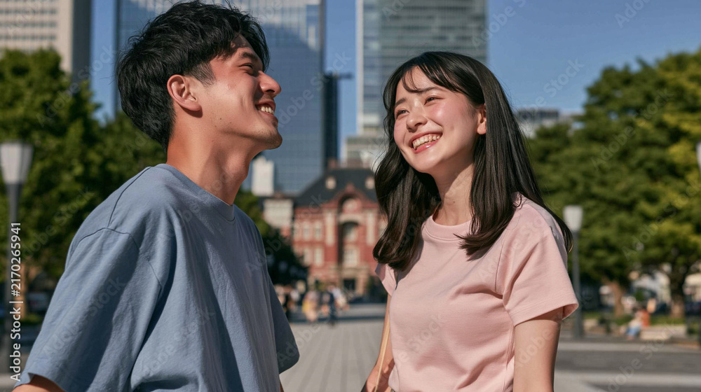 Naklejka premium Young Couple's Joyful Stroll: A happy young couple shares a moment of laughter and connection while walking outdoors, with blurred city buildings and trees in the background.