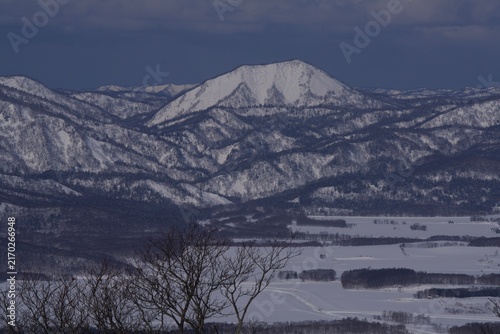 Принти на полотні Winter valley farmland beneath a sharp snowy peak, Hokkaido, Japan