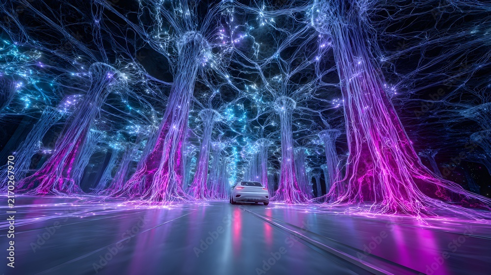 Fototapeta premium Connected Car Driving Through a Glowing Neuromorphic Silicon Forest of Neural Network Trees