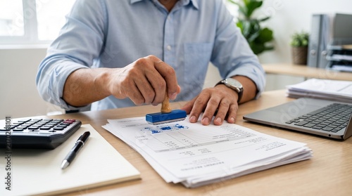 Close up of a professional businessman hand stamping a corporate document on a desk with a calculator and laptop for financial approval process