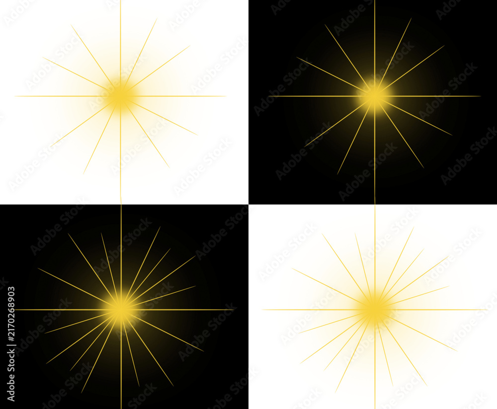Fototapeta premium Golden starburst light effects with glowing sparkles and lens flare rays isolated on black