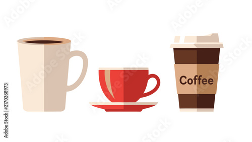 Three different types of coffee cups, including a mug, a saucer with a cup, and a to-go cup.