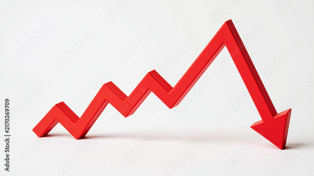 Obraz premium Red Downward Trend Arrow: A sharp red arrow zigzags downwards, signifying a steep decline or negative trend in a conceptual depiction of financial loss or business failure.
