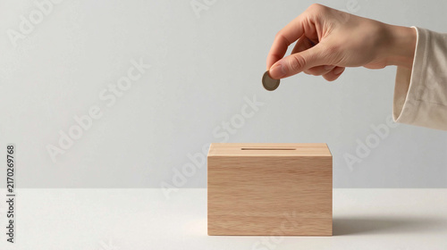 Hand Drops Coin into Wooden Donation Box: A close-up shot captures a person's hand depositing a coin into a simple wooden donation box, symbolizing generosity and charitable giving.