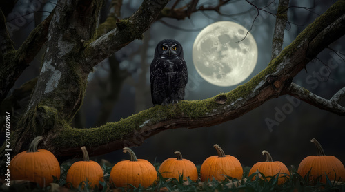 Black owl perched on mossy branch beneath full moon with pumpkins, creating eerie autumn scene