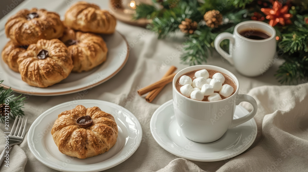 Fototapeta premium Christmas breakfast table with fresh pastry and hot cocoa creates festive mood