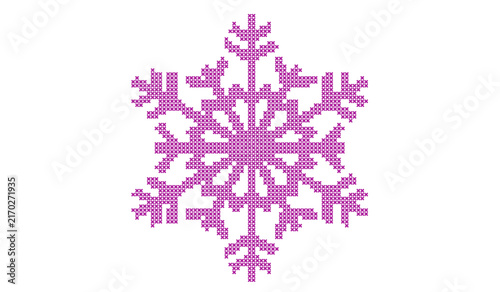 Pink cross stitch snowflake pattern with embroidered needlework design isolated on white background for winter holiday and Christmas craft projects