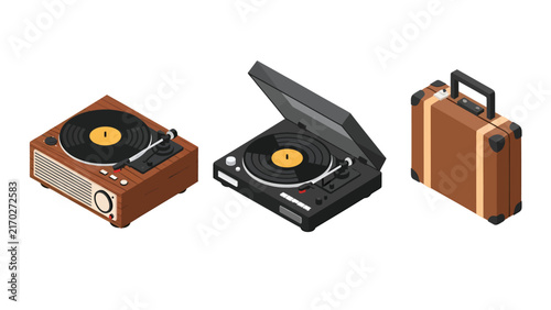 Vintage record players and a classic suitcase in isometric view, representing music and travel.