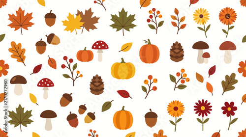 Natural seamless pattern with autumn fallen leaves of forest trees on white background