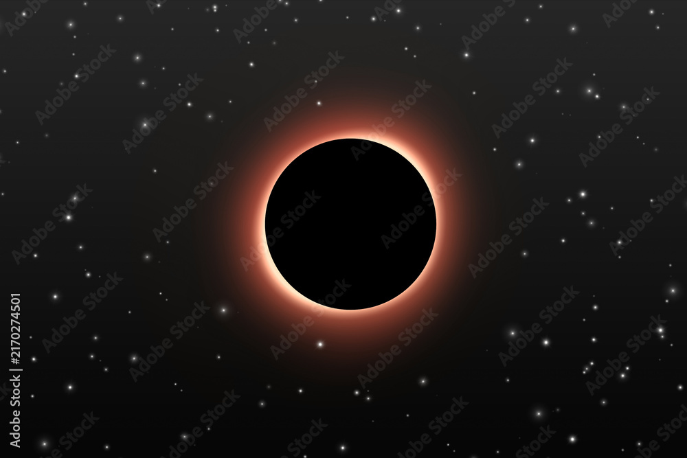 Fototapeta premium Dramatic solar eclipse glowing with orange corona and cosmic rays against star-filled deep space, creating mysterious astronomical background with copy space.