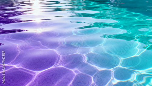 Abstract swimming pool water surface with vibrant purple and turquoise light reflections.