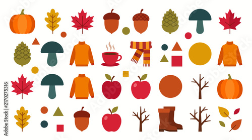 A colorful image of a fall scene with various items such as a chair, a book, a pumpkin, and a cup
