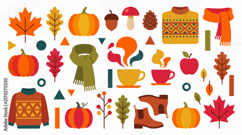A colorful image of a fall scene with various items such as a chair, a book, a pumpkin, and a cup